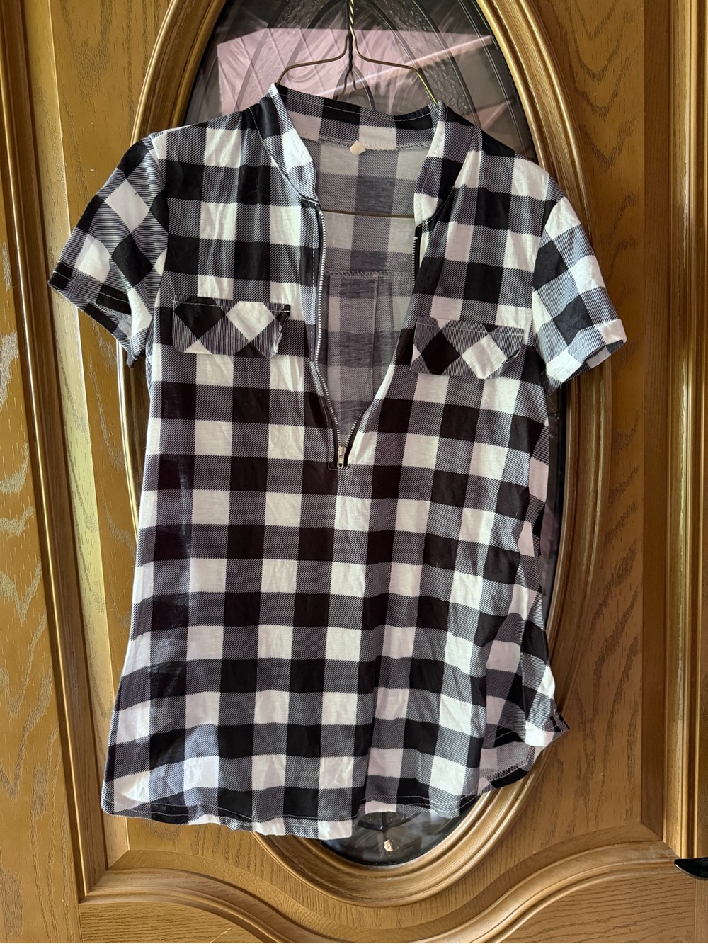 Black and White Buffalo Plaid Short Sleeve Zip Popover Top